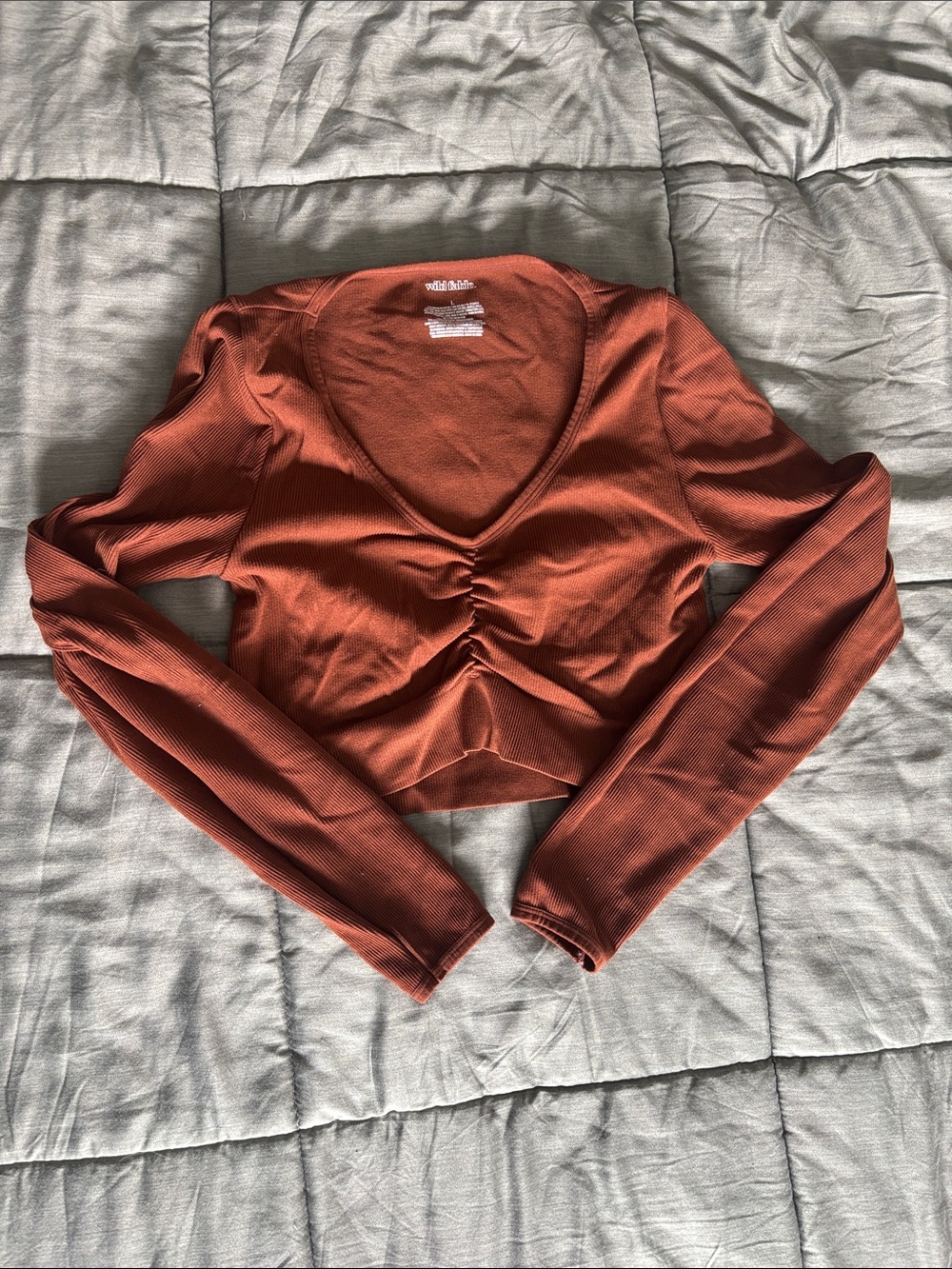 wild fable Rust Ruched V‑Neck Long Sleeve Crop Top